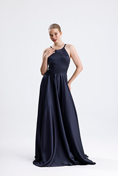 Tangül&Ali'S Moda Evi Halter Yaka Lacivert Maxi Saten Elbise