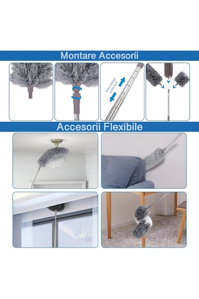 SOHO Cleaning Set with Telescopic Handle and 3 Microfiber and Electrostatic Accessories - Gray