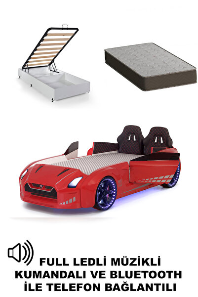 Ferramini Kırmızı Arabalı Yatak Kapıları Açılan GTR Full Ledli Kumandalı ve M...