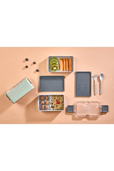 Poomy Cutie de prânz cu 2 straturi cu capac rezistent la scurgeri – Include lingură și furculiță, recipient portabil pentru alimente și depozitare