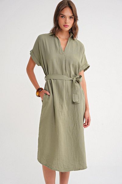Mixray 4720 Women's Pleat Detailed Tie-Up V-Neck Muslin Dress Khaki