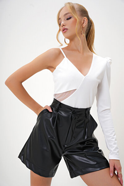 VAGGON Women's White V-Neck Princess Sleeve One Shoulder Strap Cut Out Detailed Bottom Snap Button Blouse Prmx13101