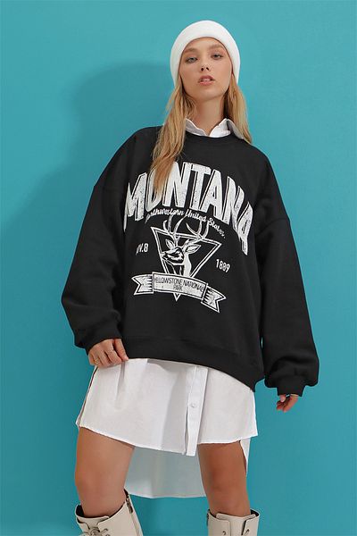 VAGGON Women's Black Crew Neck Text Printed Three Thread Inside Fleece College Sweatshirt Vgn-X7442