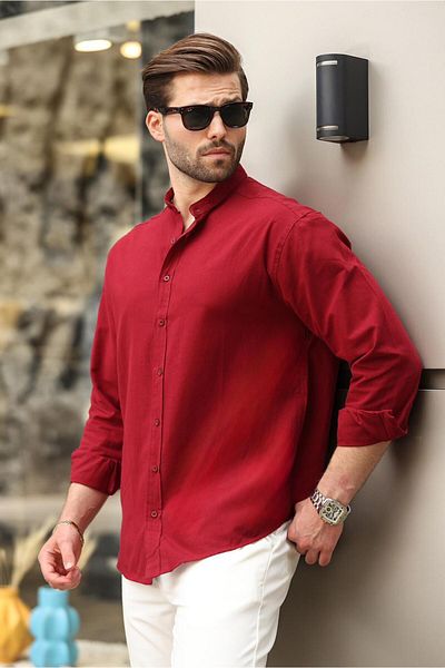 Madmext Burgundy Judge Collar Linen Look Cotton Long Sleeve Men's Shirt 6745