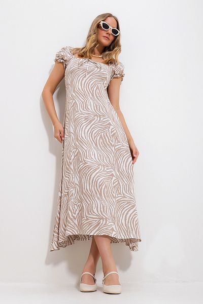 VAGGON Women's Beige Square Collar Flower Patterned Woven Dress Prmx11735