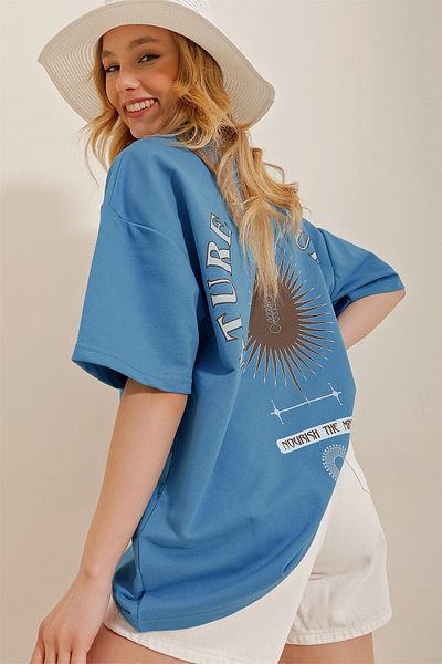 VAGGON Women's Aviator Blue Crew Neck Printed Oversize Unisex T-Shirt Prmx9577