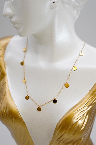 ERMİRGOLD Pullu Kolye 14 Ayar Altın Yuvarlak Disk Detaylı Zarif ve Işıltılı Kadın Zincir Model