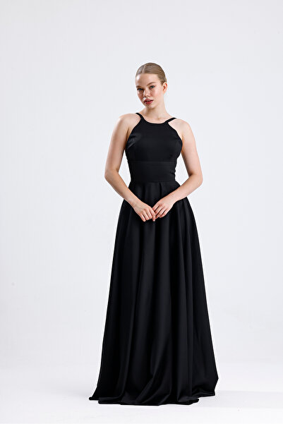 Tangül&Ali'S Moda Evi Halter Yaka Maxi Siyah Saten Elbise