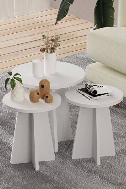 HMC DECOR 3'Lü Mantar Zigon İskandinav Stili Sehpa Takımı Mat Beyaz