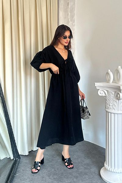 TREND KOMBİN Women's V-Neck Tie-Up Muslin Dress