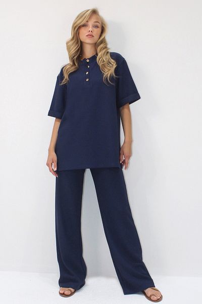 VAGGON Women's Dark Blue Double Sleeve Collar Buttoned Pants Bottom Top Set Prmx11487