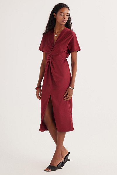 Tudors Women's Slim Fit Slim Fit Short Sleeve V Neck Burgundy Dress