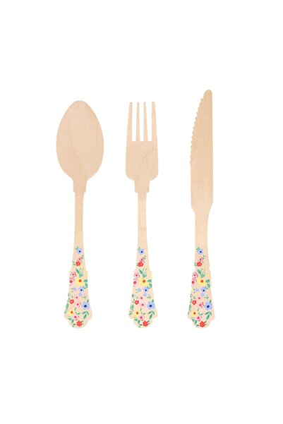 Meri Meri - Ahşap Çatal-Kaşık-Bıçak Set - Çiçekli - 24 Adet