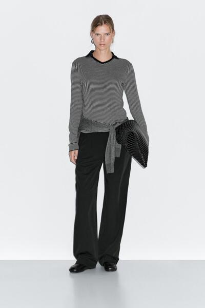 Massimo Dutti Çizgili uzun kollu polo yaka t-shirt