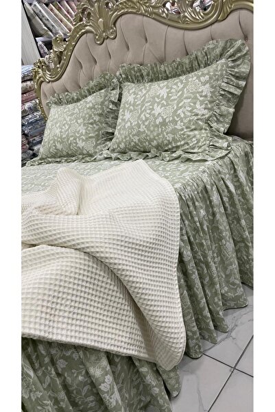 AHSEN TASARIM Double Fitted Sheet with Ruffled Skirt, 2 Ruffled Pillowcases a...