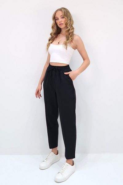 VAGGON Women's Black Double Pocket Front Grass Linen Look Baggy Cut Woven Trousers Prmx13653