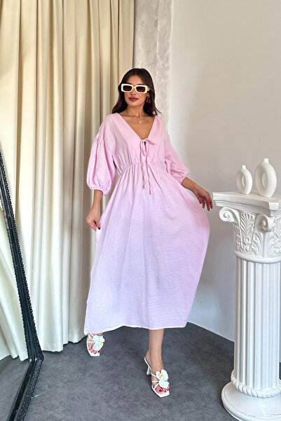 TREND KOMBİN Kadın V Yaka Bağlamalı Müslin Elbise