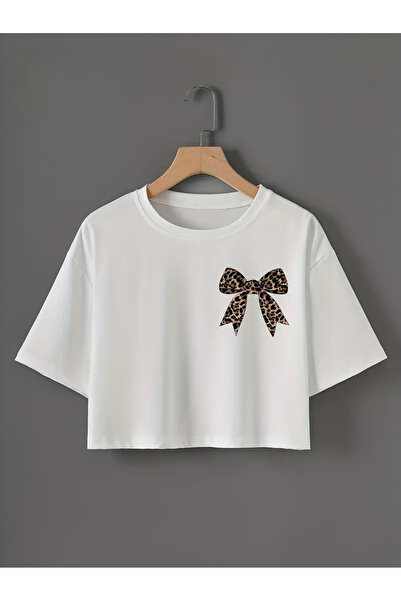 haha Women's Leopard Patterned Bow Printed Crop T-Shirt