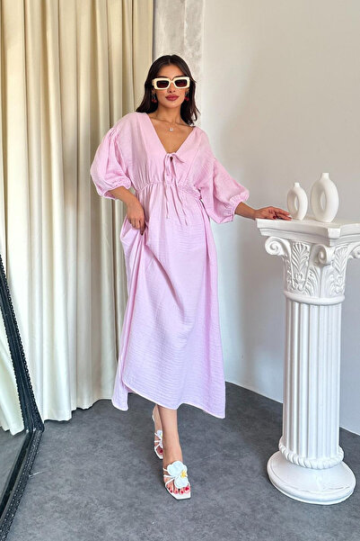 TREND KOMBİN Kadın V Yaka Bağlamalı Müslin Elbise