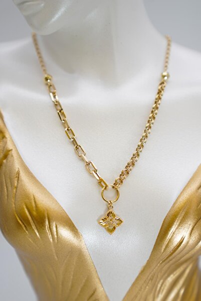 ERMİRGOLD 14 Ayar Altın Zirkon Taşlı Yonca Figürlü Zincir Kolye Modern ve Işı...