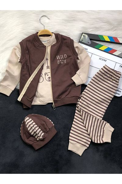 KGN GİYİM Baby Boy 3-Piece Vest Bottom Top Set Hat Gift