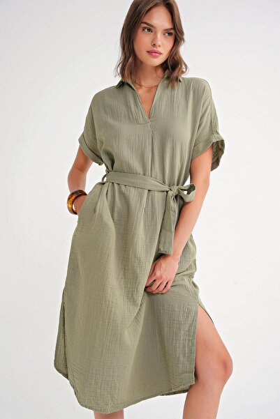 Mixray 4720 Kadın Pile Detaylı Bağlamalı V Yaka Müslin Elbise Haki