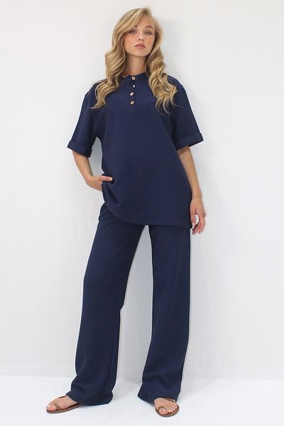 VAGGON Women's Dark Blue Double Sleeve Collar Buttoned Pants Bottom Top Set Prmx11487