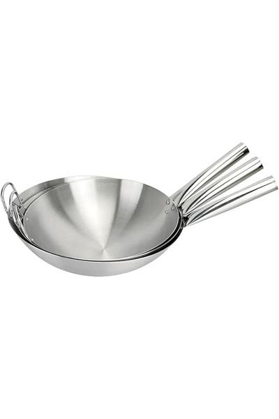 Tradeo 3pcs stainless steel wok set (26/28/30cm) with single burner gas cooker & wood grain handles.