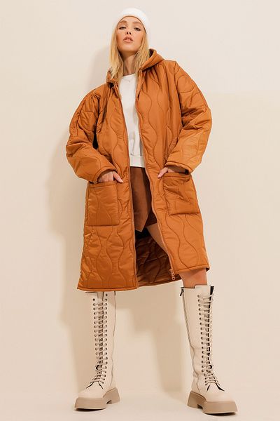 VAGGON Women's Taba Double Pocket Front Double Zipper Hooded Long down Coat Prmx10976