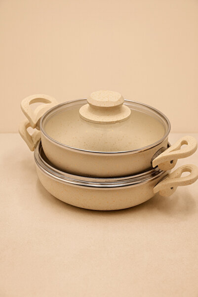 Evim Şahane My Home Is Magnificent Safran Series 2-Piece Granite Casting Pan Set – 18 cm & 20 Cm, Glass Cover, Non-Stick Surface