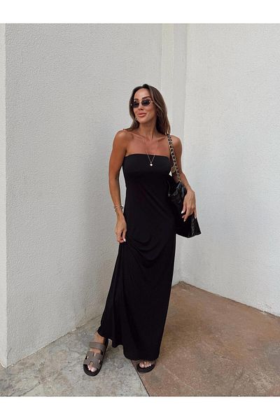 Maldia Shop Women's Strapless Sandy Fabric Black Dress