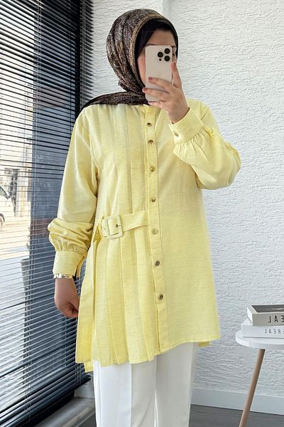 MELEK ARAZ Linen Tunic with Side Belt and Pleat Detail – Yellow