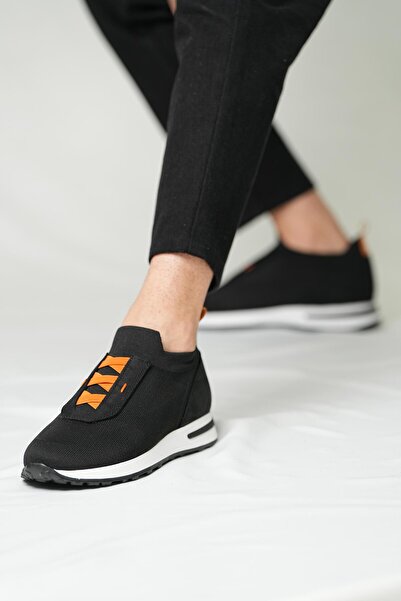 TETRİ Elly Model Hakiki Deri El Yapımı Siyah Turuncu Triko Sneaker Ayakkabı