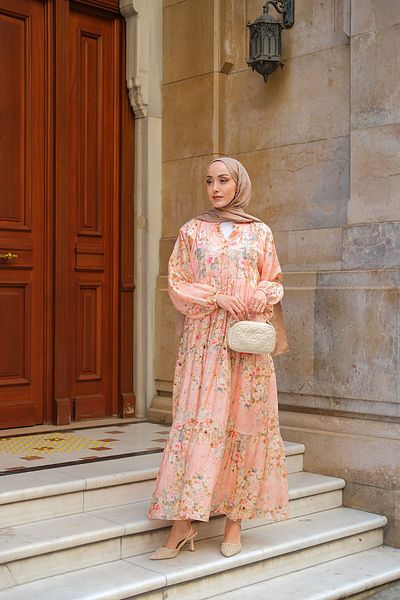 LOCCO Women's Floral Patterned Dress Salmon