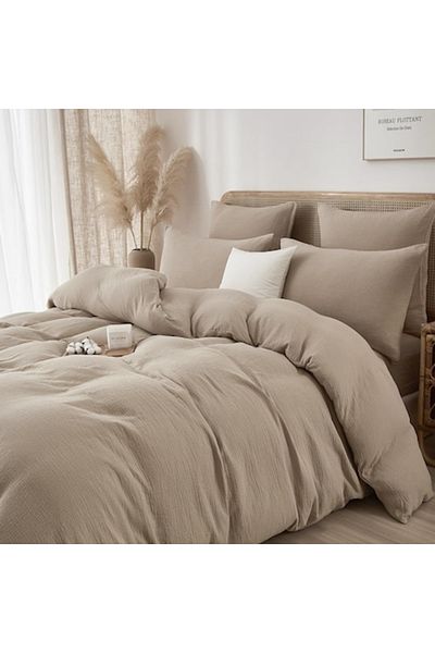 Luofanfei Muslin Cotton Bed Linen Set with Double Duvet Cover 220x240, 2 Cushion Covers 65x65, Kaki
