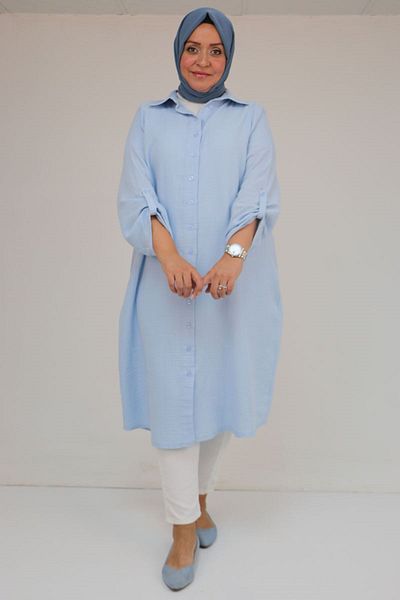Eslina 48058 Large Size Buttoned Muslin Shirt - Ice Blue