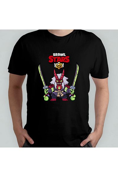 Pixxa Brawl Stars Kenji Oni 100% Cotton Crew Neck T-Shirt Model 3