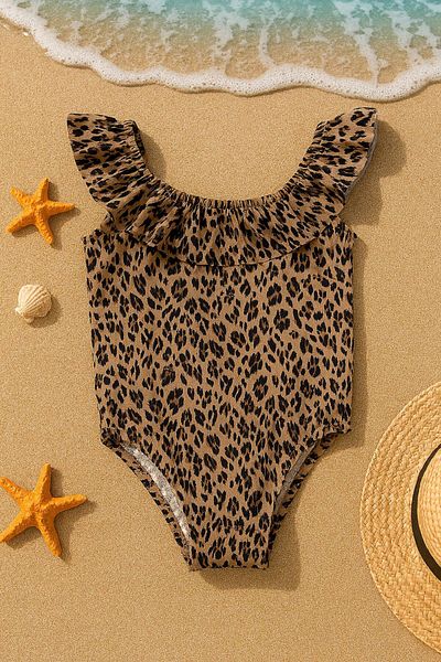 Mai Perla Girl's Swimsuit Leopard Patterned Cross Ruffle Swimsuit with Cap Gift 1-5 Years