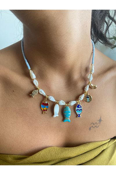 dela otantik Handmade Fish Seashell Themed Beaded Bohemian Necklace – Ethnic Authentic White Summer Bijoux Jewelry