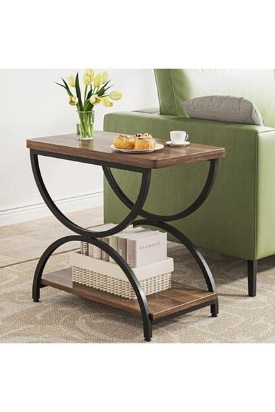 Türkiye 2 Tiers End Side Table with C-Shapped Metal Frame, Wood Chairside Tables Living Room, 2-Tier Nightst