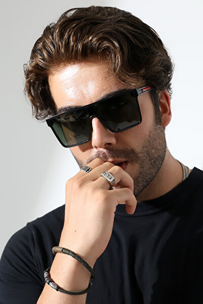 Lozzo Men's Unibody Black Polarized Sunglasses 23060 C2 P Green Glass