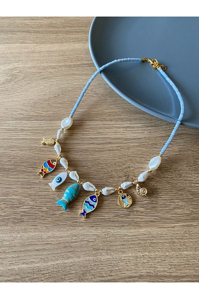 dela otantik Handmade Fish Seashell Themed Beaded Bohemian Necklace – Ethnic Authentic White Summer Bijoux Jewelry