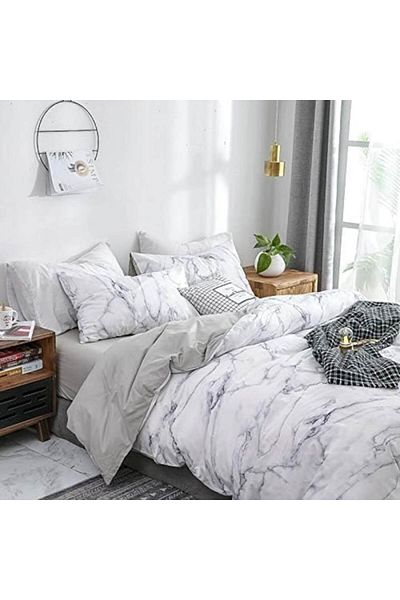 Luofanfei Bedding Set Cotton Muslin Double 240x260 with Pillowcases 65x65, Zipper, Washable, White-Grey