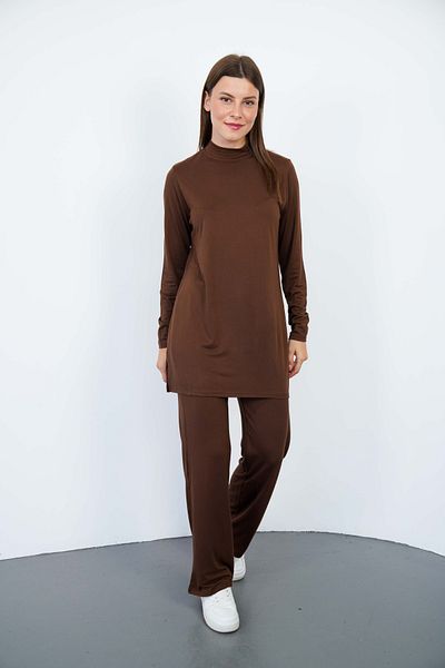 penyebizden Viscose Tunic and Trousers Set-Brown
