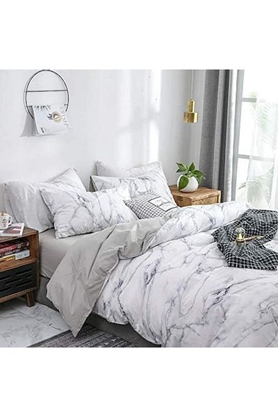 Luofanfei Bedding Set Cotton Muslin Double 240x260 with Pillowcases 65x65, Zipper, Washable, White-Grey