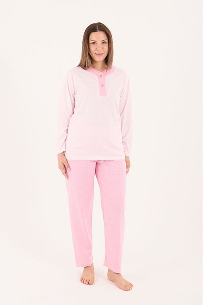 AYSUN TEKSTİL Copy - Quality K Cotton Wide Cut Collar Pink Heart Printed Mother Pajamas Set