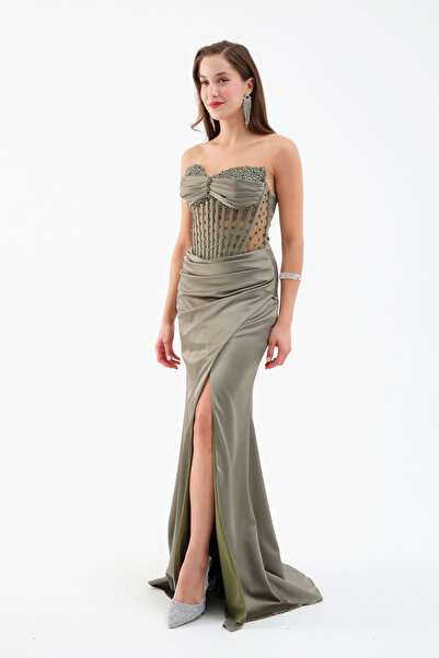 Lafaba Women's Khaki Strapless Beaded Long Satin Evening Dress