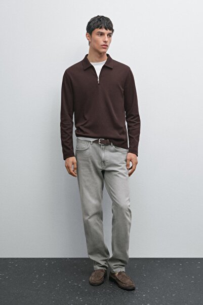 Massimo Dutti Uzun kollu fermuarlı polo yaka t-shirt