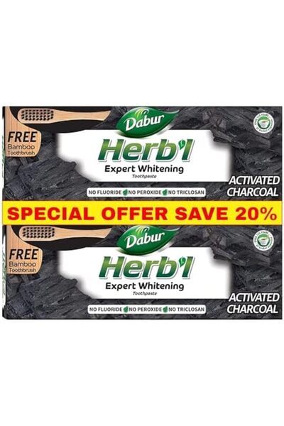 Dabur Herbal Charcoal Toothpaste 2x150g + Bamboo Brush | Whitening, Stain Removal & Healthy Gums