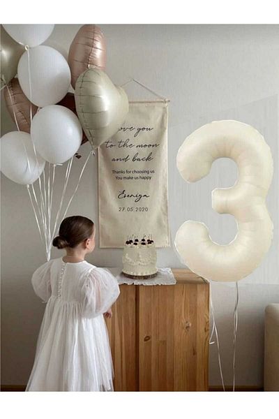 ATAKENT PARTİ 3 Year Old Birthday Party Set Retro Cream Caramel Foil Balloon Set
